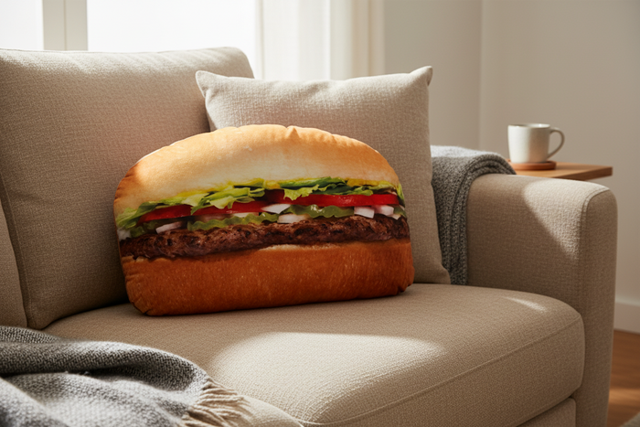Pillow shaped like a Whataburger on a beige couch with a cup on a small table in the background.