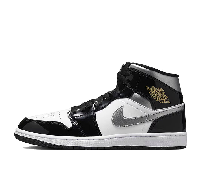 Jordan 1 Mid SE Patent Black White Metallic Silver Metallic Gold