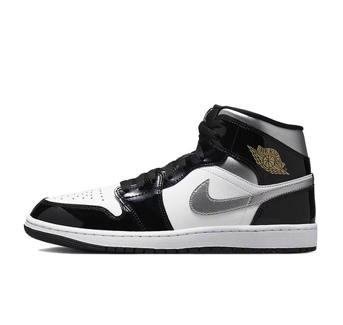 Jordan 1 Mid SE Patent Black White Metallic Silver Metallic Gold