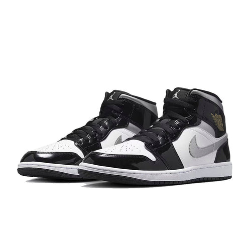 Jordan 1 Mid SE Patent Black White Metallic Silver Metallic Gold