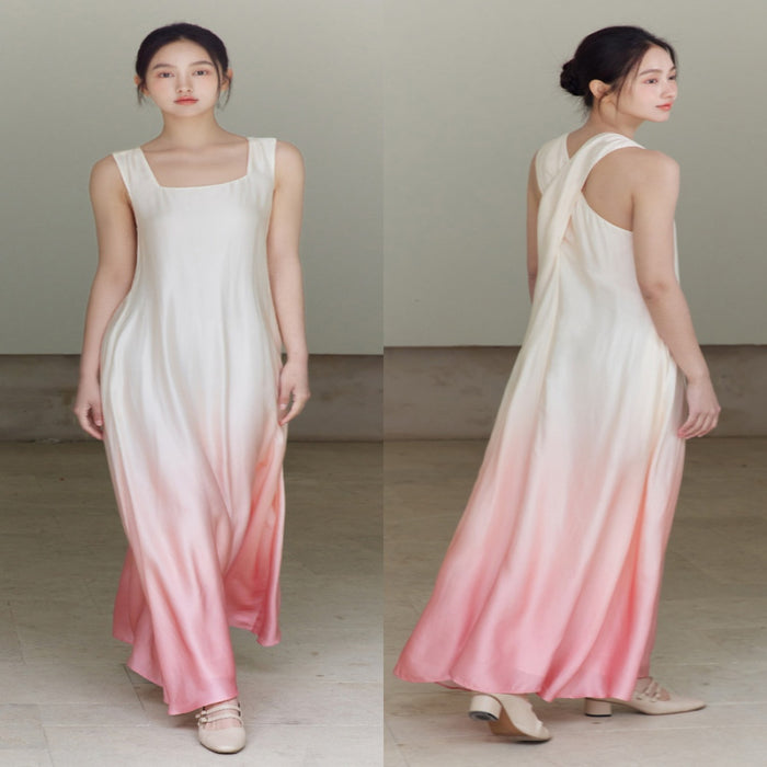 Customized peach color gradient printed slim fit lotus sleeveless dress image 0