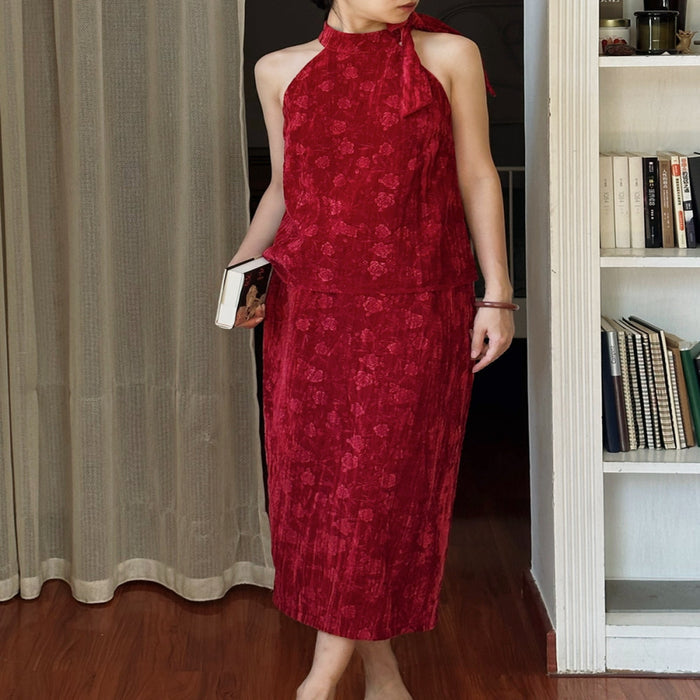 Srose Zhu Ying Retro Red Jacquard Velvet Dress Set New Chinese Style Two Piece Set New image 0
