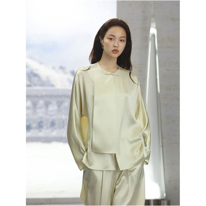 COMMON VALUE Imported Customized Acetic Acid Shirt Women s Minimalist Chinese Improved Slant Top image 0