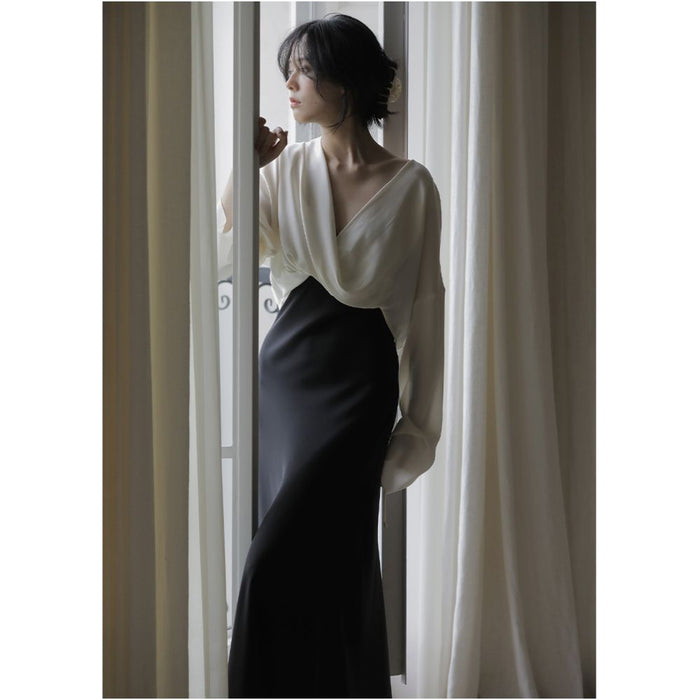 commuse memory sexy muse 19 momme stretch double satin drape silky shirt solid color blouse image 1