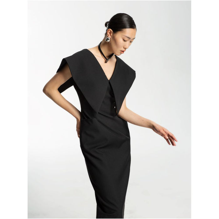 LEDIM WANG Celebrity Same Style Dress for Women 2023 Summer New V neck Slim Black Long Dress image 0