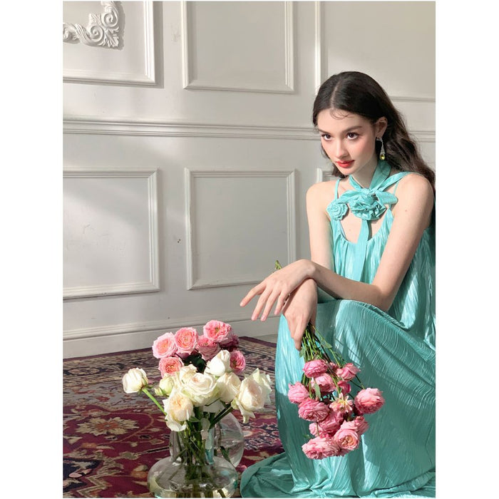Broken code leak detection Yu Xiaoxiao Blue Mermaid Lady Elegant U neck Texture Long Strap Dress image 5