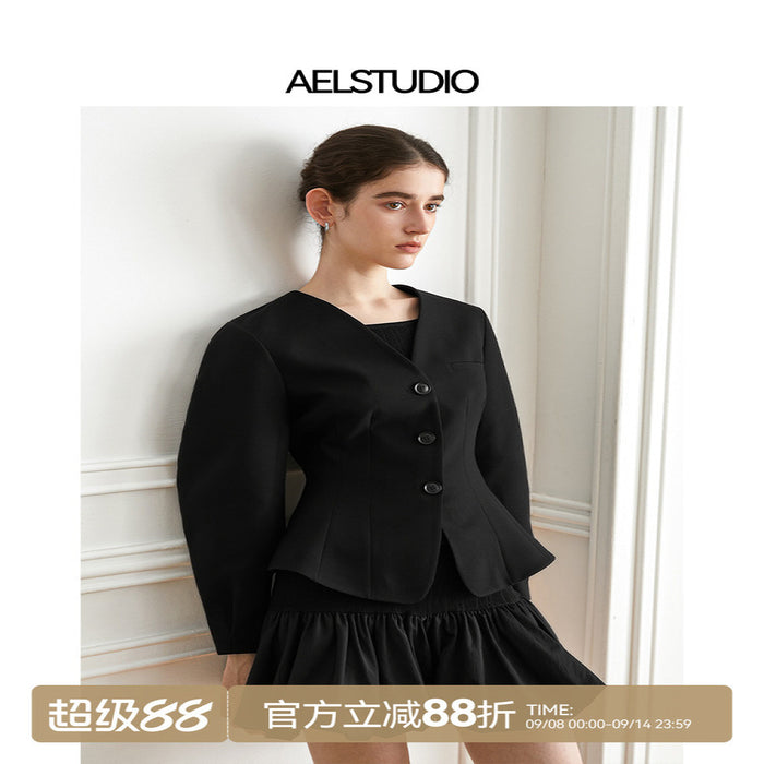 AEL original high end small suit 2025 early autumn new black V neck casual short jacket for women image 1