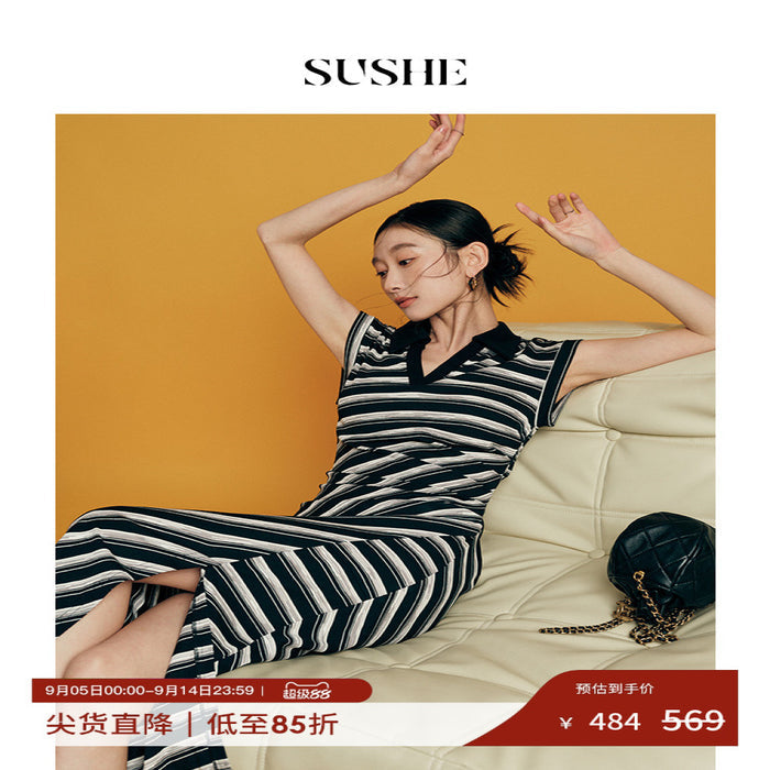 Available at Outlet SUSHE Striped Loop POLO Lapel Sleeveless Waist Slit Dress Women image 1