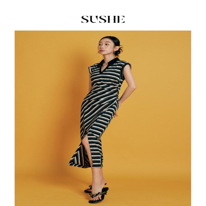 Available at Outlet SUSHE Striped Loop POLO Lapel Sleeveless Waist Slit Dress Women image 3