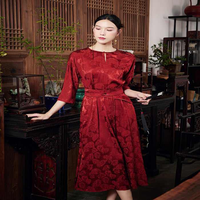 Mo Yu Zhu Yi Summer Chinese style new improved temperament round neck jacquard satin red dress image 0
