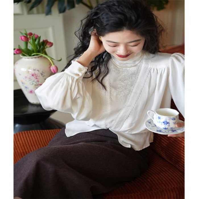 Chings vintage Edwardian style high neck top embroidered lace elastic waist lantern sleeve shirt image 1