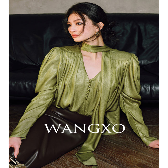 WANGXO Satin Shiny Silk Adornment Renaissance Art Sheepsleep Sleeves with Soft V neck Ribbon Shirt image 1