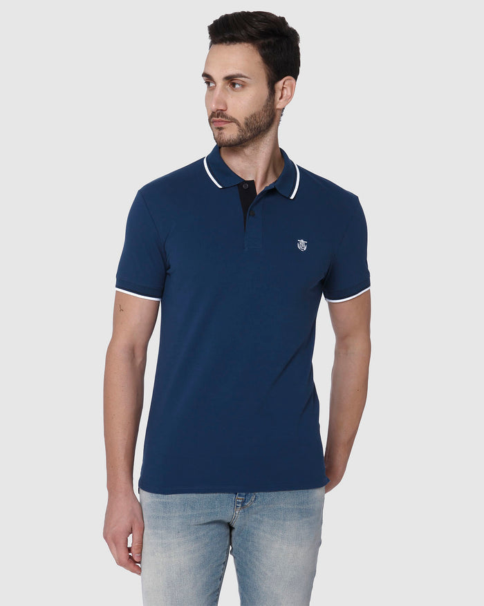 Blue Contrast Tipping Polo Neck T-Shirt
