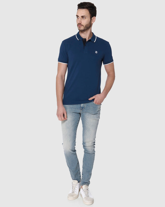 Blue Contrast Tipping Polo Neck T-Shirt