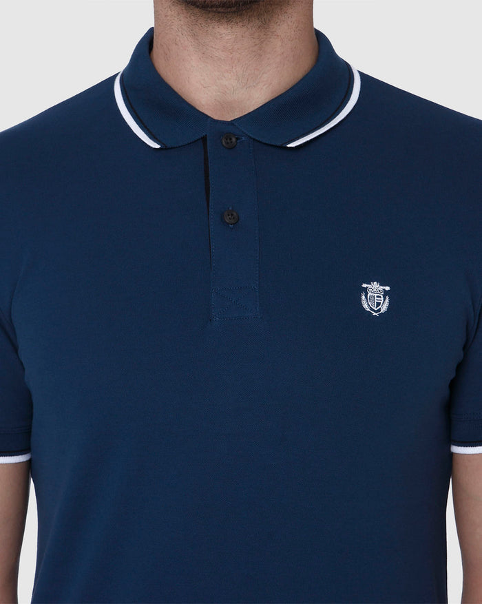 Blue Contrast Tipping Polo Neck T-Shirt