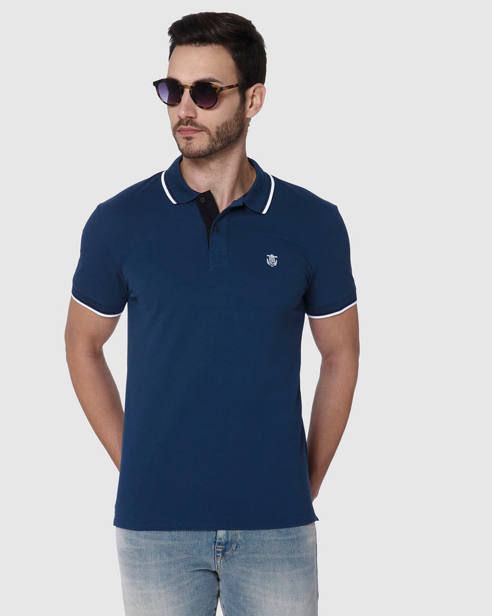Blue Contrast Tipping Polo Neck T-Shirt