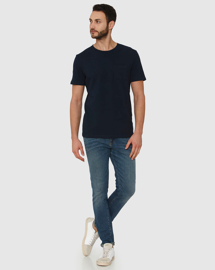 Blue Front Chest Pocket Crew Neck T-Shirt