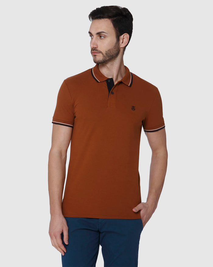 Brown Contrast Tipping Polo Neck T-Shirt