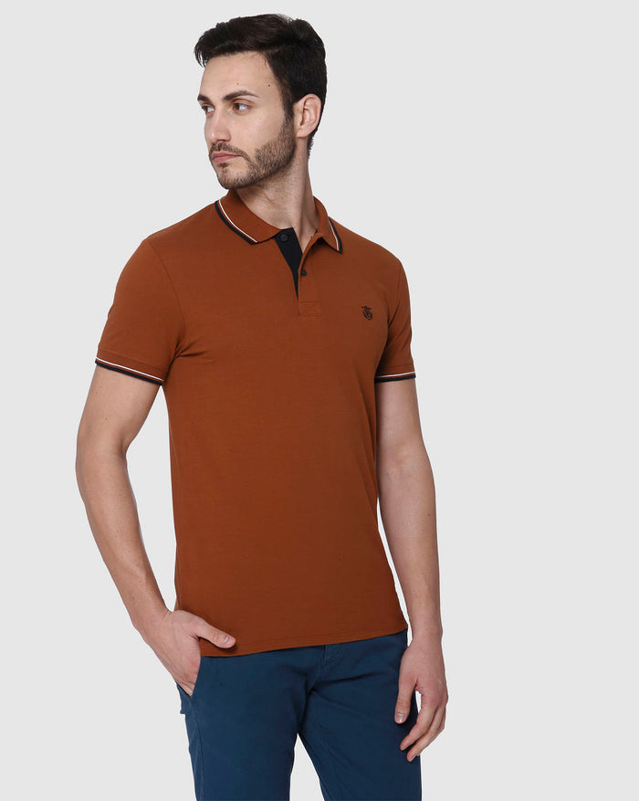 Brown Contrast Tipping Polo Neck T-Shirt