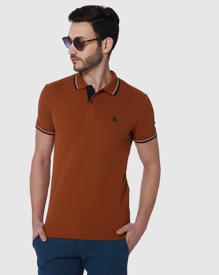 Brown Contrast Tipping Polo Neck T-Shirt
