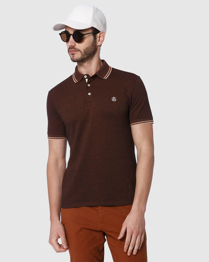 Brown Contrast Tipping Slim Fit Polo Neck T-Shirt