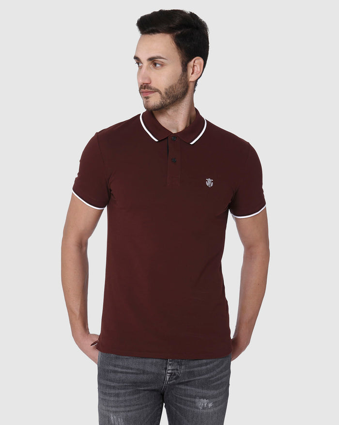 Burgundy Contrast Tipping Polo Neck T-Shirt