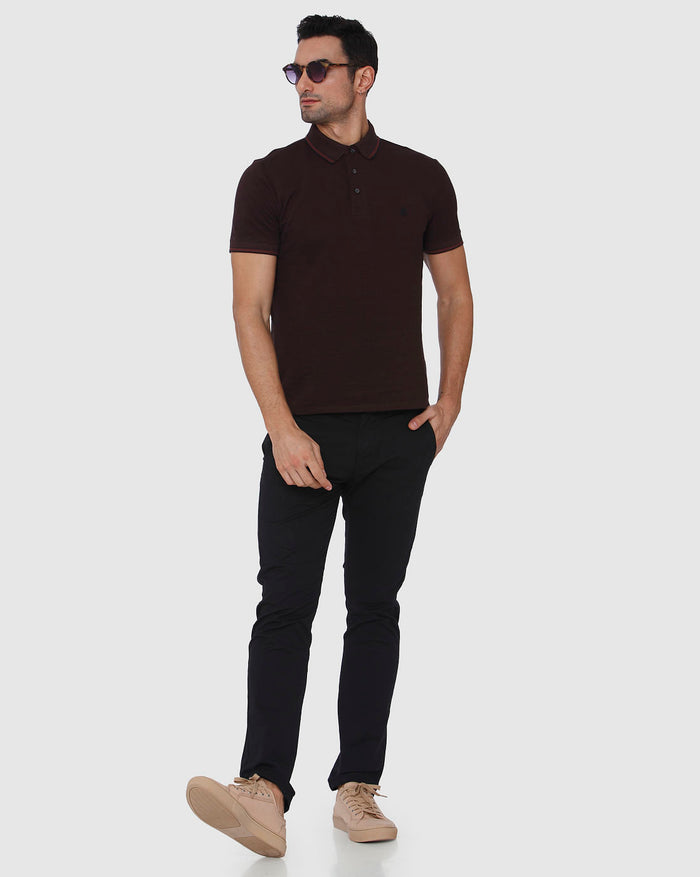 Burgundy Contrast Tipping Slim Fit Polo Neck T-Shirt