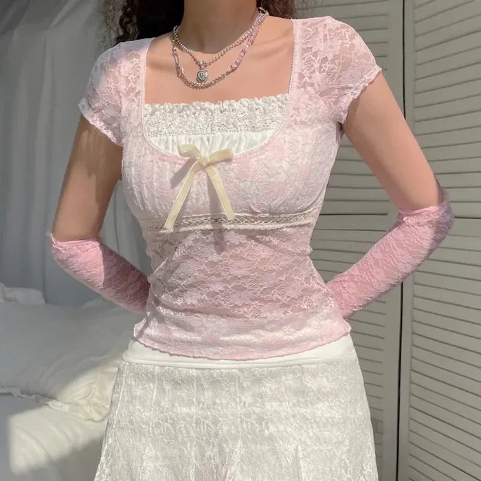 Cute Bow Lace Mesh Top fashionnsio