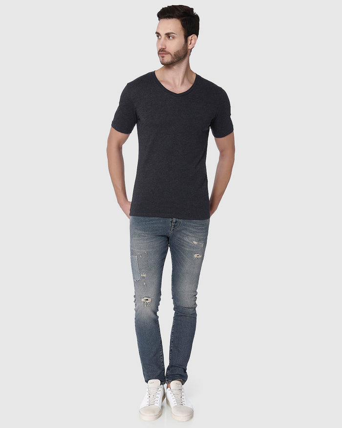 Dark Grey Slim Fit V Neck T-Shirt