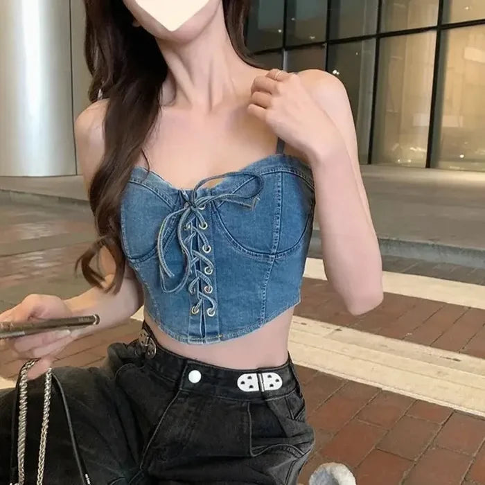 Denim Bow Drawstring Corset Top fashionnsio