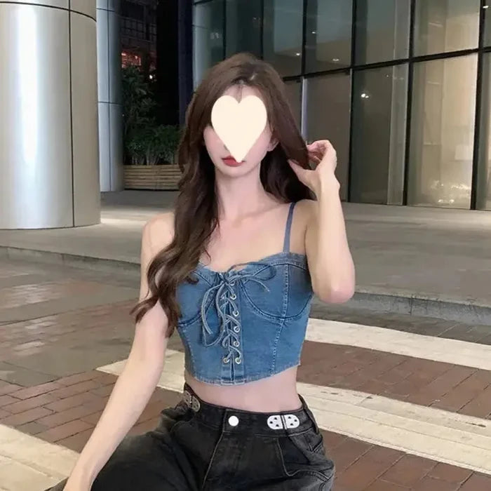 Denim Bow Drawstring Corset Top fashionnsio