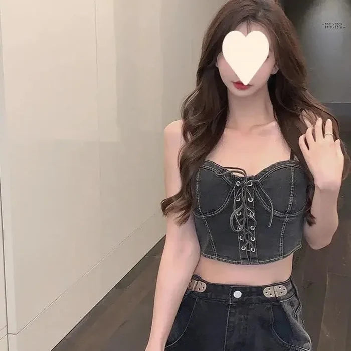 Denim Bow Drawstring Corset Top fashionnsio