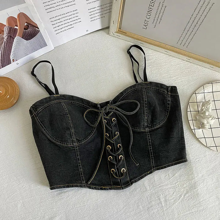 Denim Bow Drawstring Corset Top fashionnsio