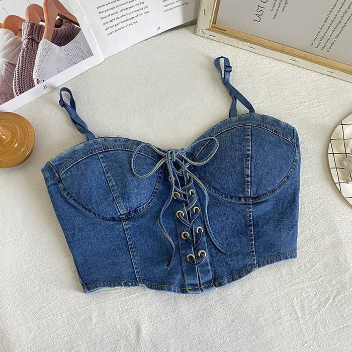 Denim Bow Drawstring Corset Top fashionnsio