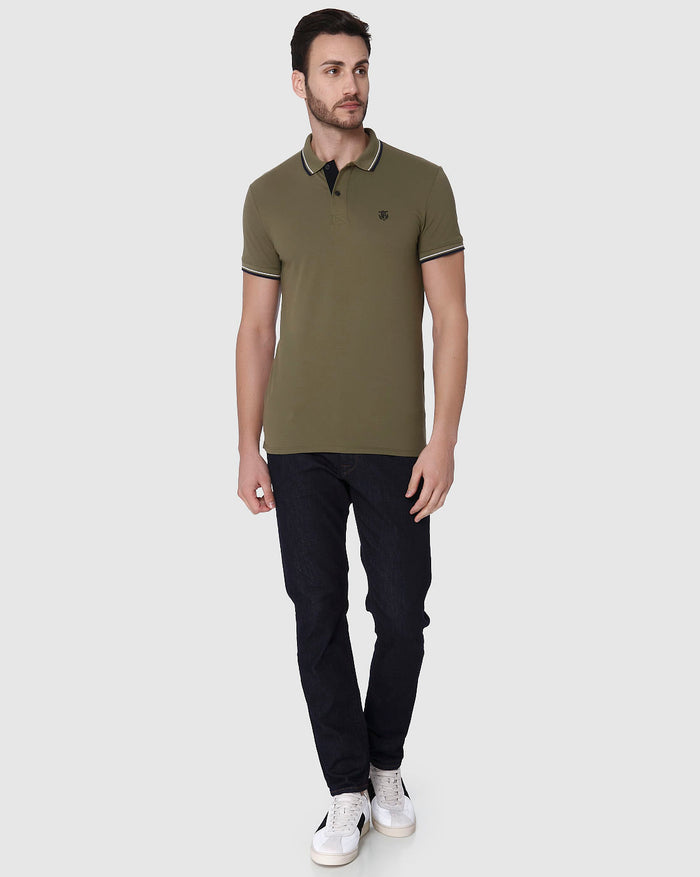 Green Contrast Tipping Polo Neck T-Shirt