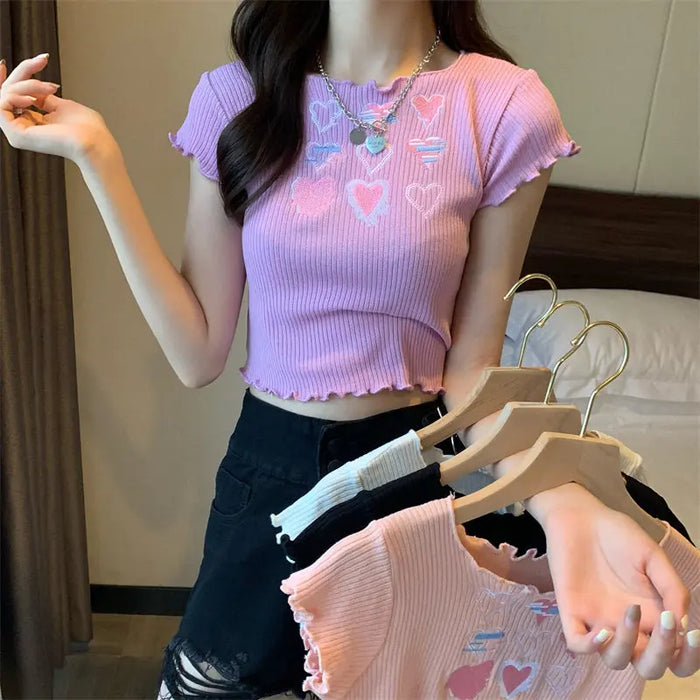 Heart Ruffle Knitted T-shirt Top fashionnsio