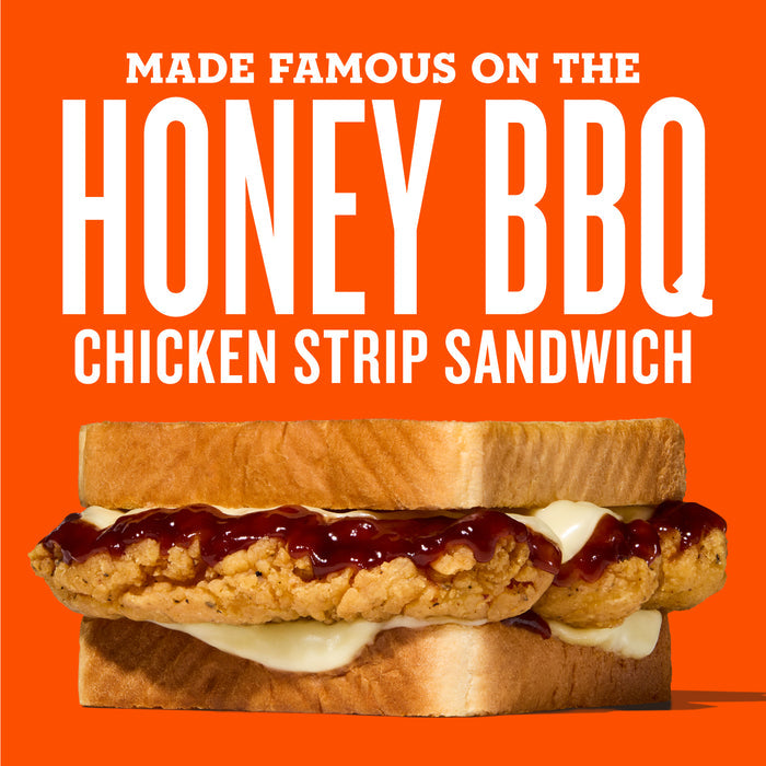 Honey BBQ chicken strip sandwich on an orange background with text.