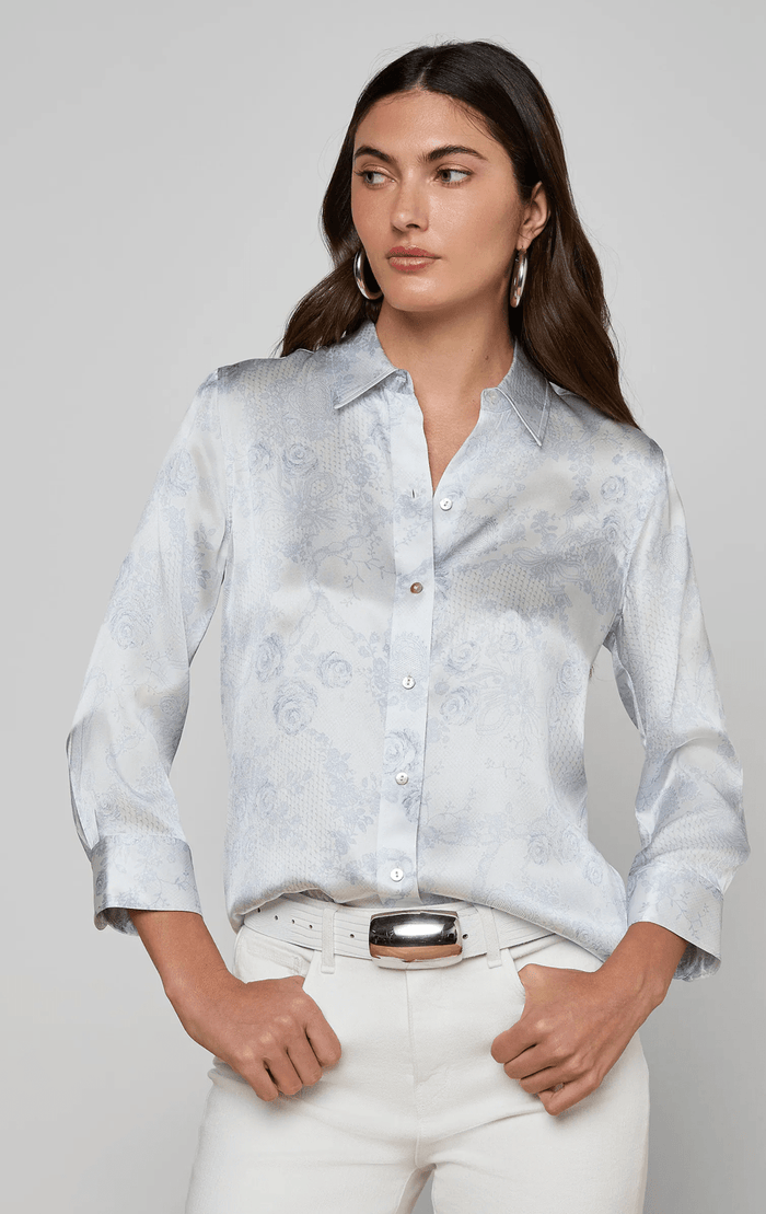 Ivory Blue Lace Print Dani 3/4 Blouse - Amor Lafayette