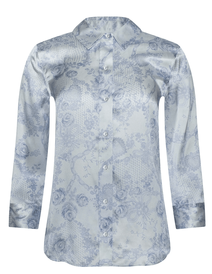 Ivory Blue Lace Print Dani 3/4 Blouse - Amor Lafayette