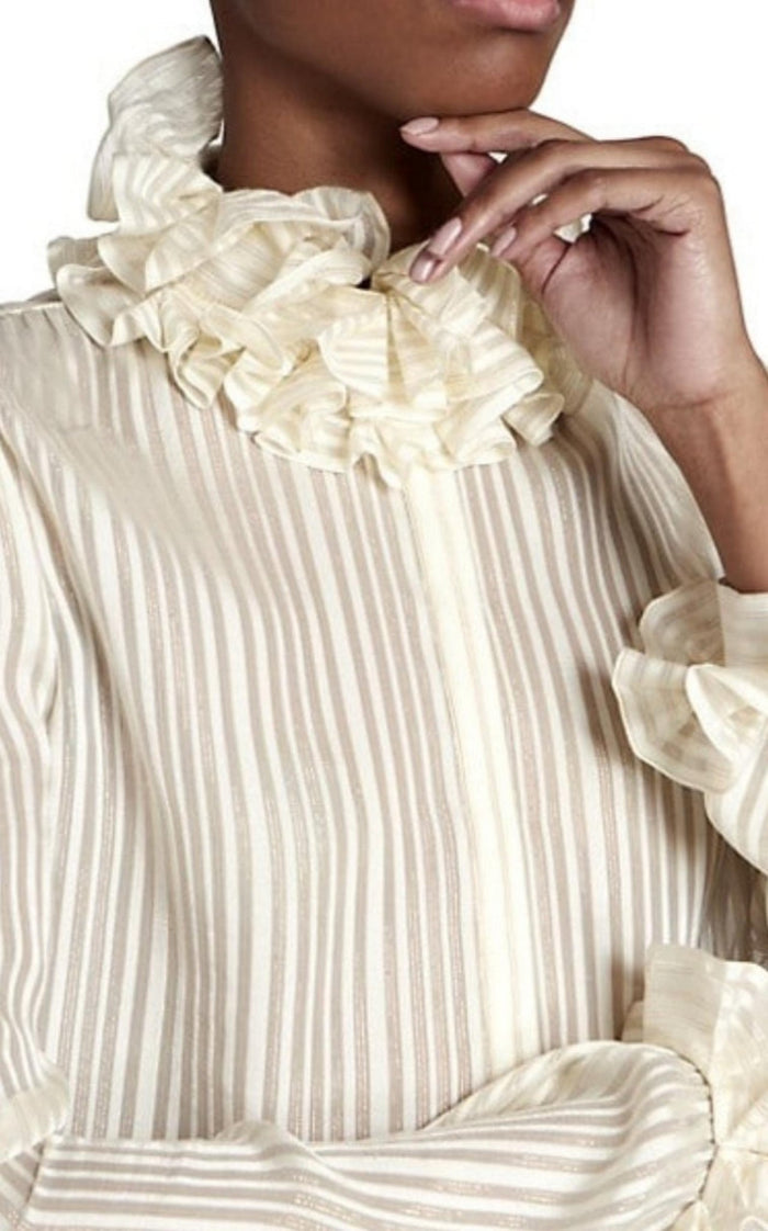 Saint Laurent Ivory Ruffle - collar Striped Silk Shirt - Runway Catalog