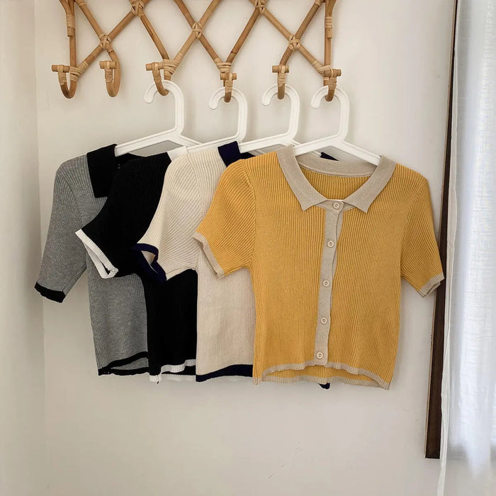 Knit Polo Button Sweater Top fashionnsio