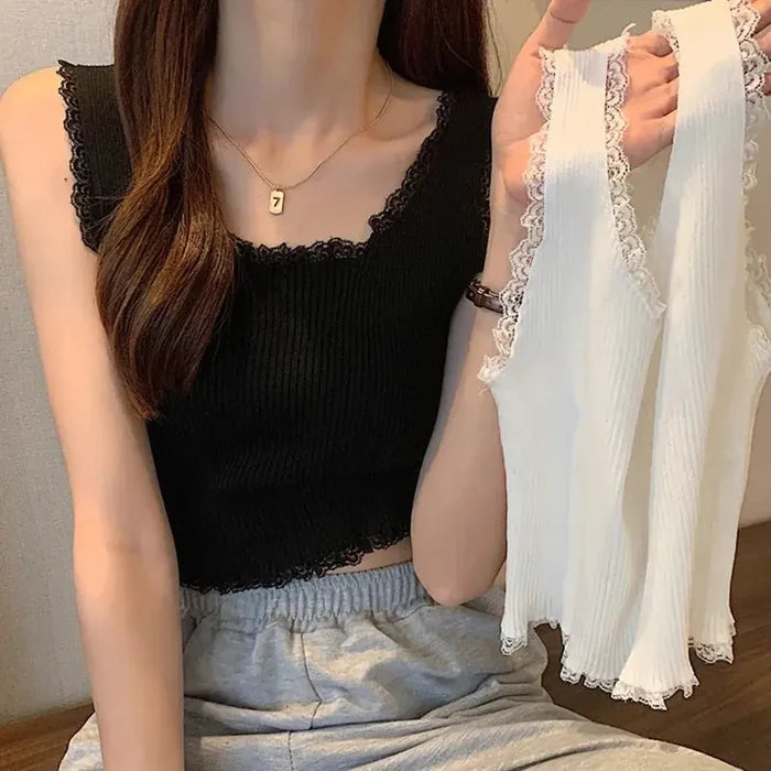 Knitted Lace Crop Tank Top fashionnsio