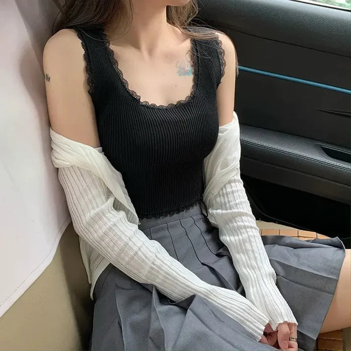 Knitted Lace Crop Tank Top fashionnsio