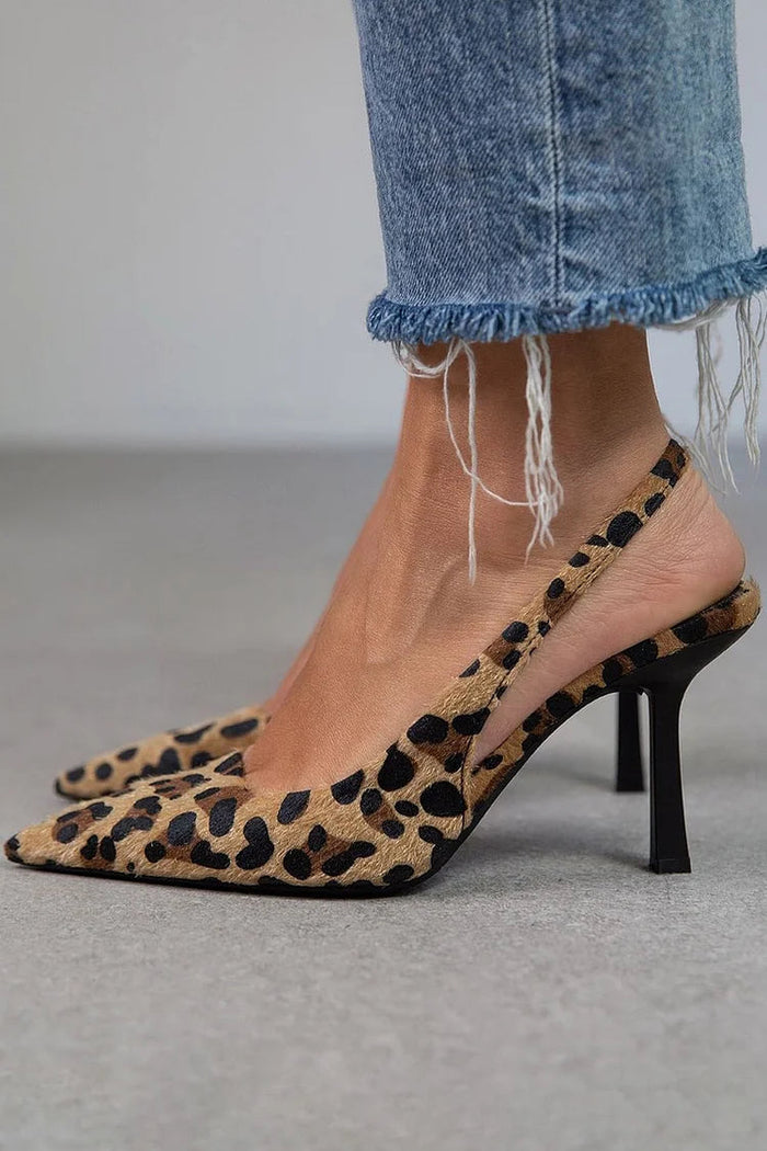 Maria | Pointed Toe Leopard Print Slingback Khaki Stiletto Heels