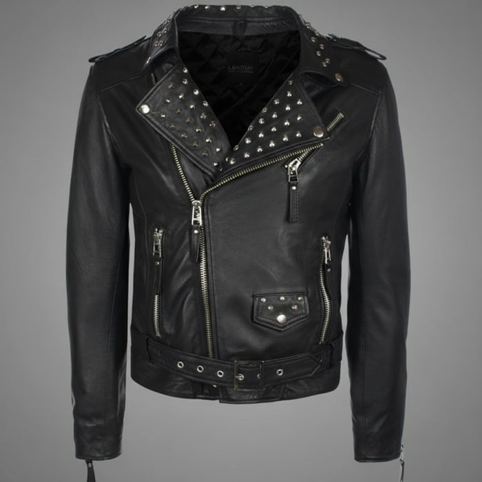 Men’s Black Studded Leather Biker Jacket – Genuine Moto Jacket with Silver Studs