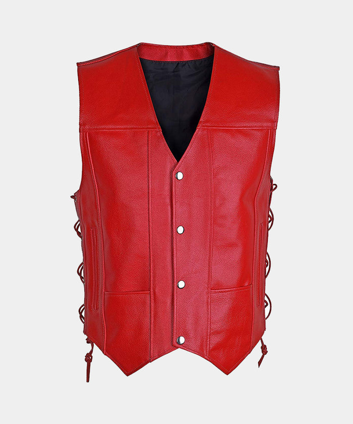 MEN’S MOTORCYCLE BIKER RED GENUINE COWHIDE LEATHER VEST Leather Outlet