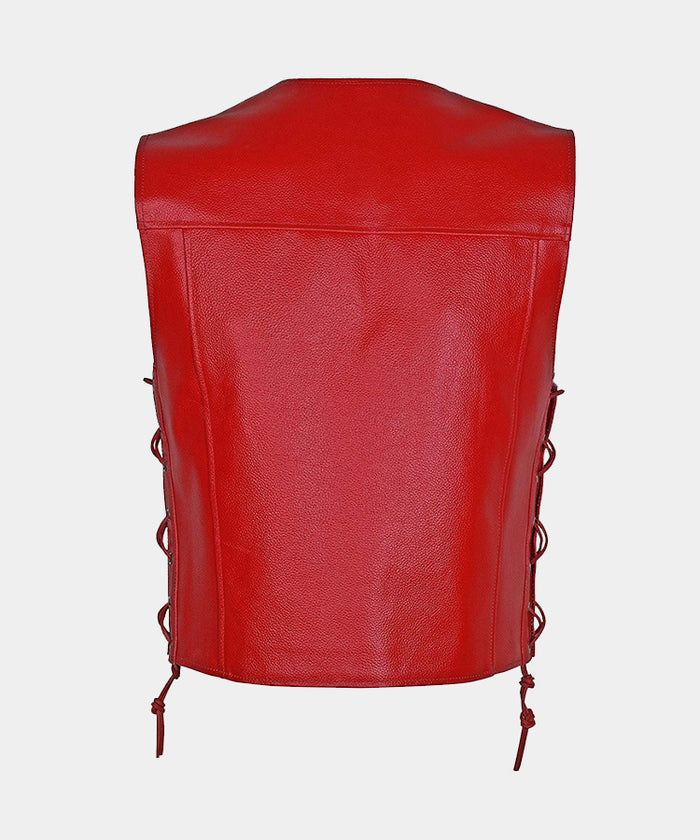 MEN’S MOTORCYCLE BIKER RED GENUINE COWHIDE LEATHER VEST Leather Outlet