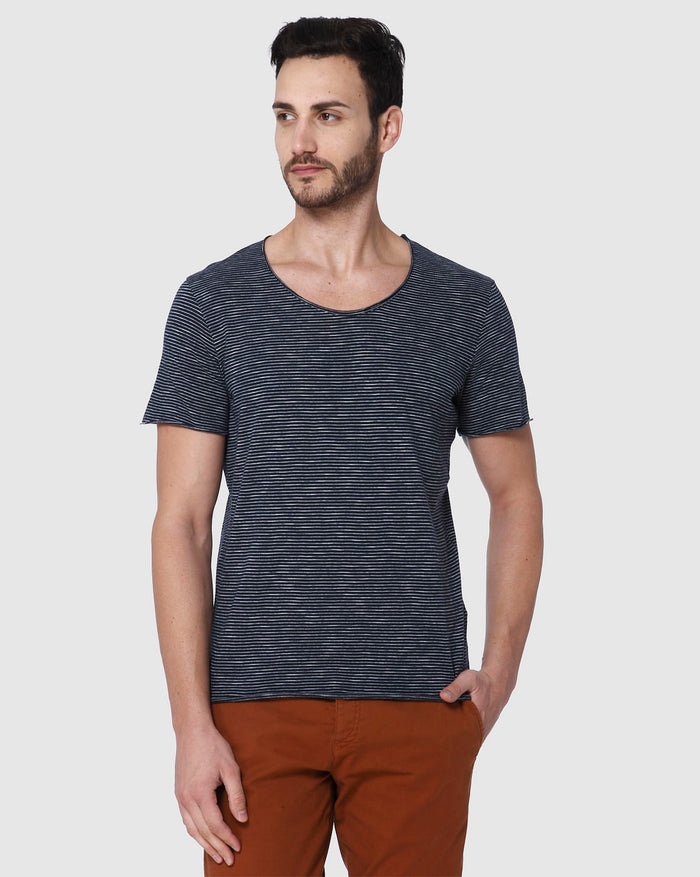 Navy Blue Striped Crew Neck T-Shirt