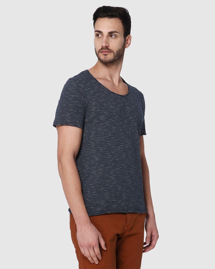 Navy Blue Striped Crew Neck T-Shirt