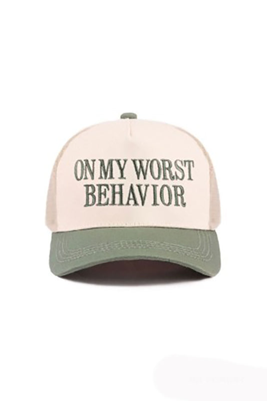 "On my worst behavior" Cap-Forest Green-Cute-Trendy-Shop-Womens-Boutique-Clothing-Store